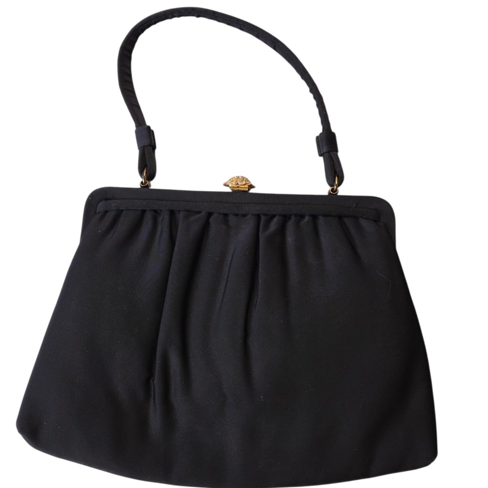 Vintage Ande Black Satin Evening Handbag‎ Rhinestone Clasp Old Hollywood Formal